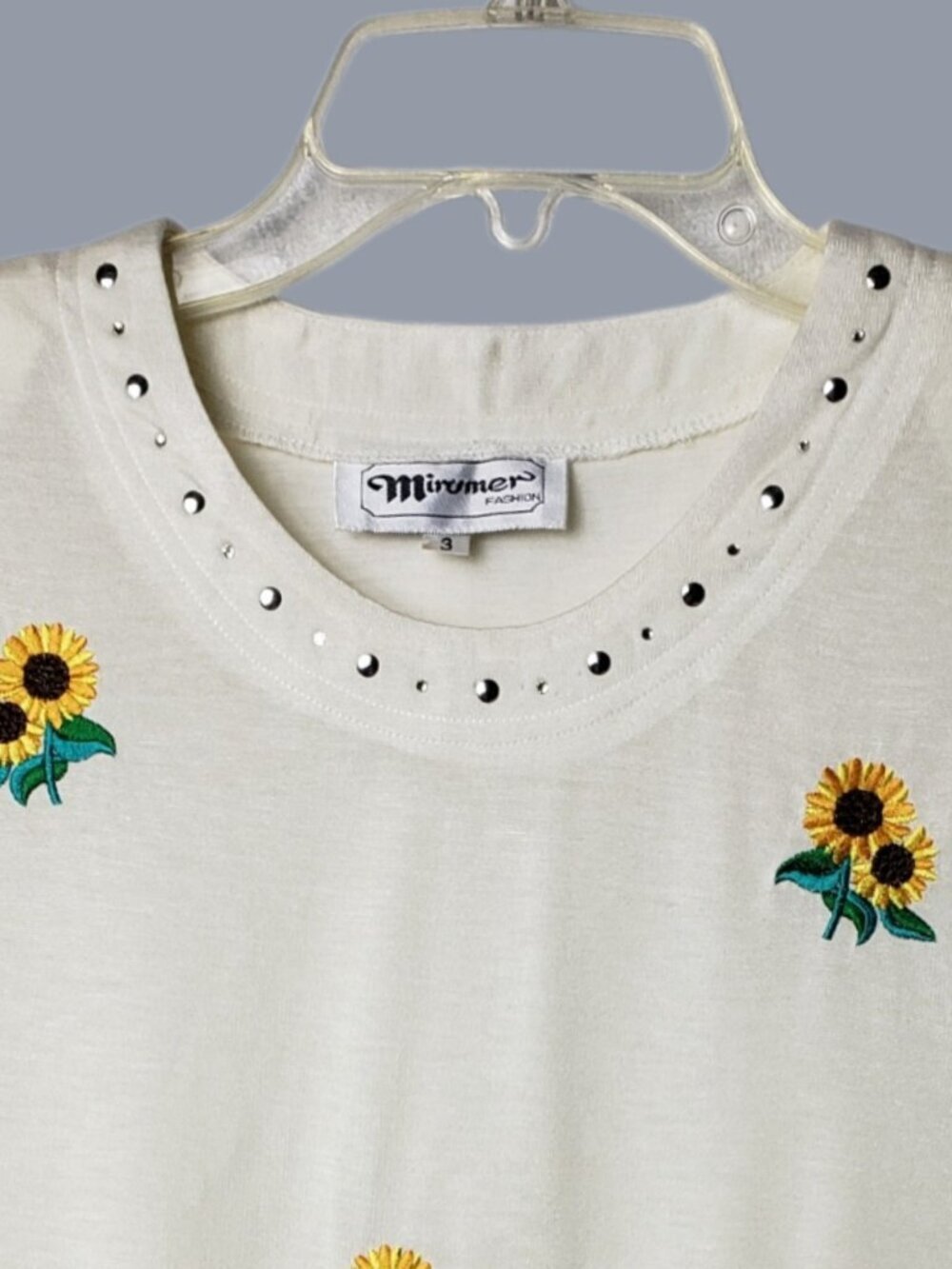Mirumer Fashion Sunflower Embroidered T-ShirtCream Yellow Size 3 - Picture 7 of 9